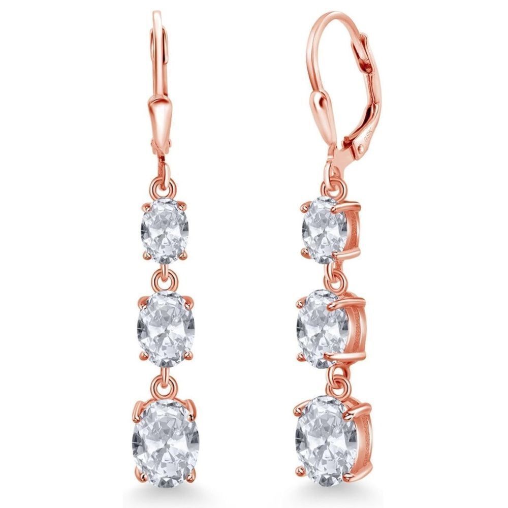 18K Rose Gold with 6.20Cttw 3 Stone White Topaz Dangling Leverback Drop Earrings